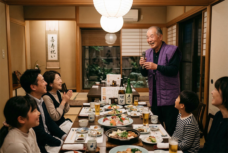 喜寿祝いの席で紫のちゃんちゃんこを着てスピーチする77歳男性