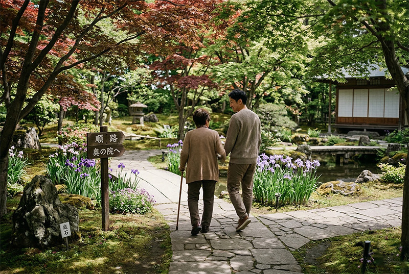 日本庭園の石畳を杖をつきながら散歩する高齢者と付き添う息子