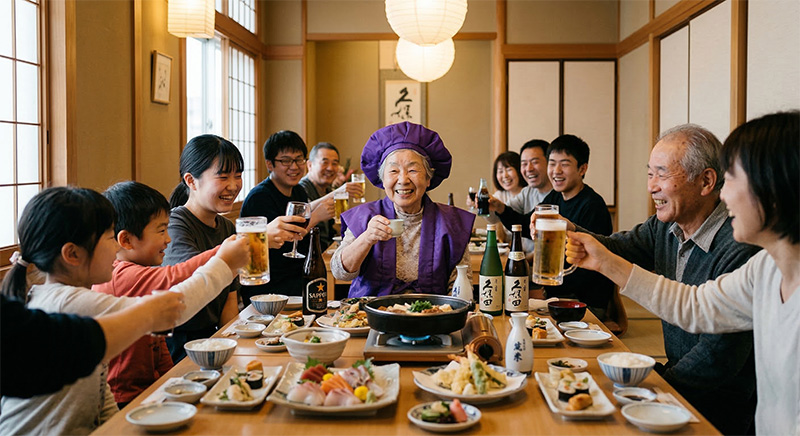 紫のちゃんちゃんこを着た喜寿の主役を囲み乾杯する大家族