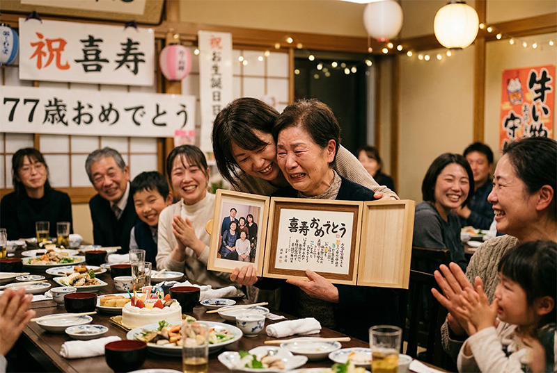 喜寿祝いの額縁ギフトを受け取り感動で涙する77歳女性と家族