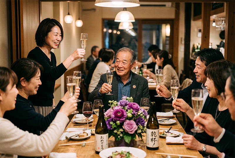 古希祝いの食事会でシャンパングラスを掲げて乾杯する家族