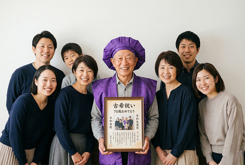 紫のちゃんちゃんこを着て額縁ギフトを持つ70歳男性と家族の記念写真