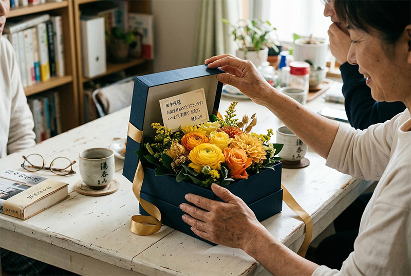 傘寿祝いのフラワーギフトボックスを開ける80歳女性