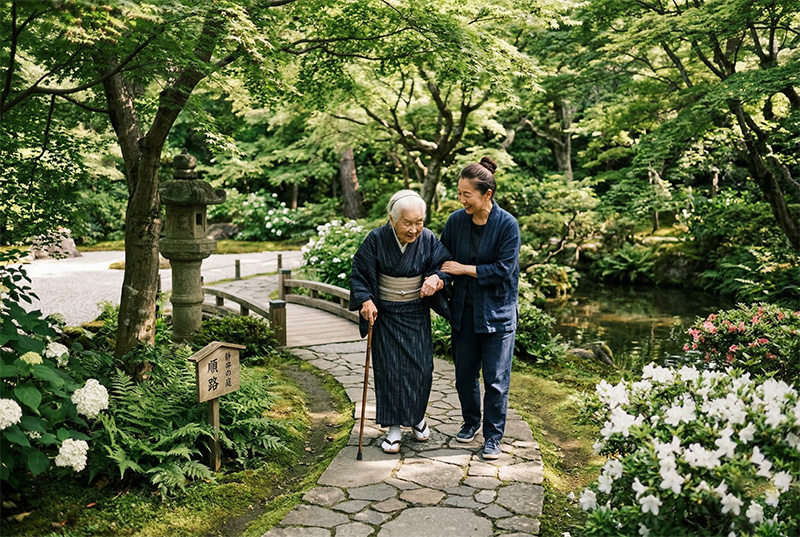 日本庭園の石畳を杖をつきながら散歩する高齢女性と付き添う家族