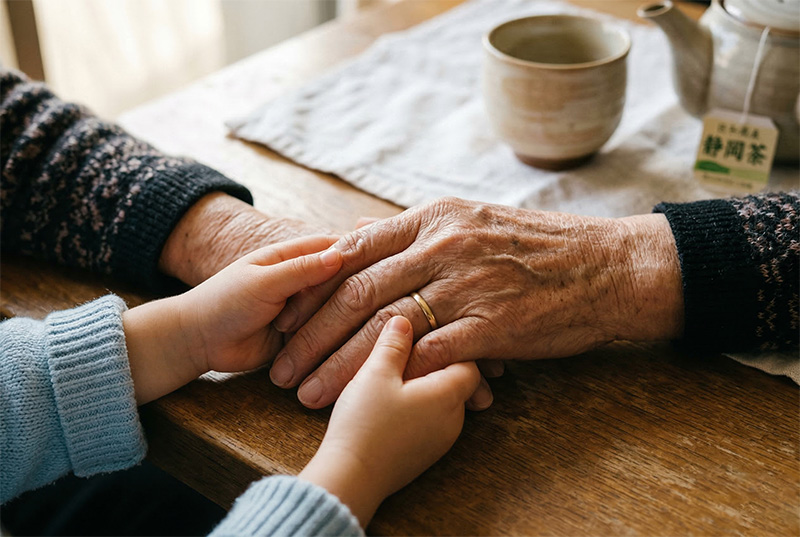 祖母と孫の手を優しく握り合うクローズアップ