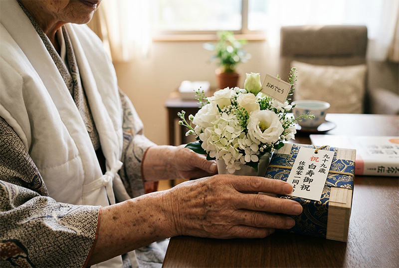施設の個室で白い花束とギフトを手にする99歳の高齢者