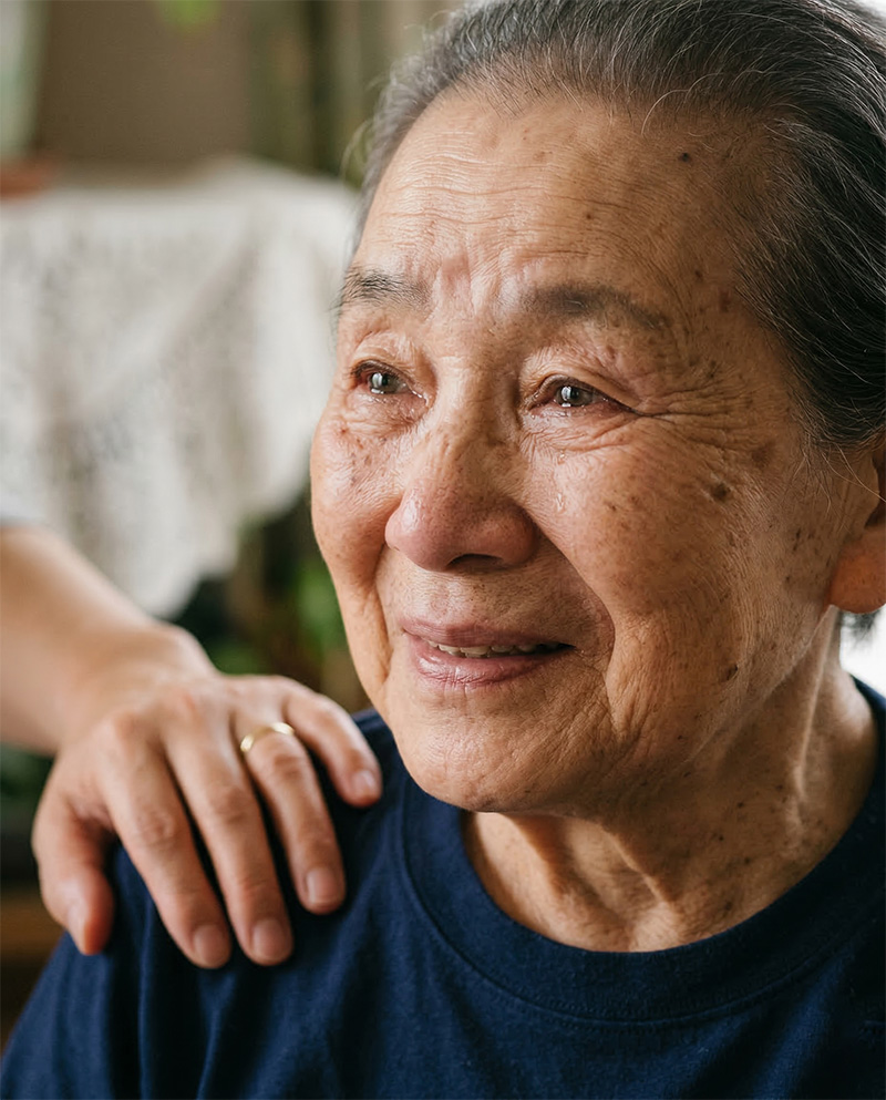 感動の涙を浮かべる高齢女性の表情と肩に添えられた家族の手