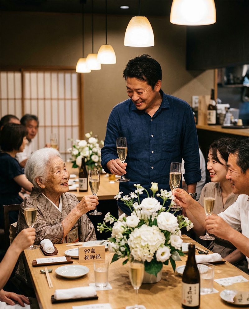 白い花を囲みシャンパンで乾杯する99歳女性と家族