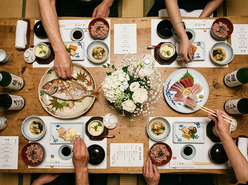 白寿祝いの懐石料理を俯瞰で撮影した鯛や刺身と白い花