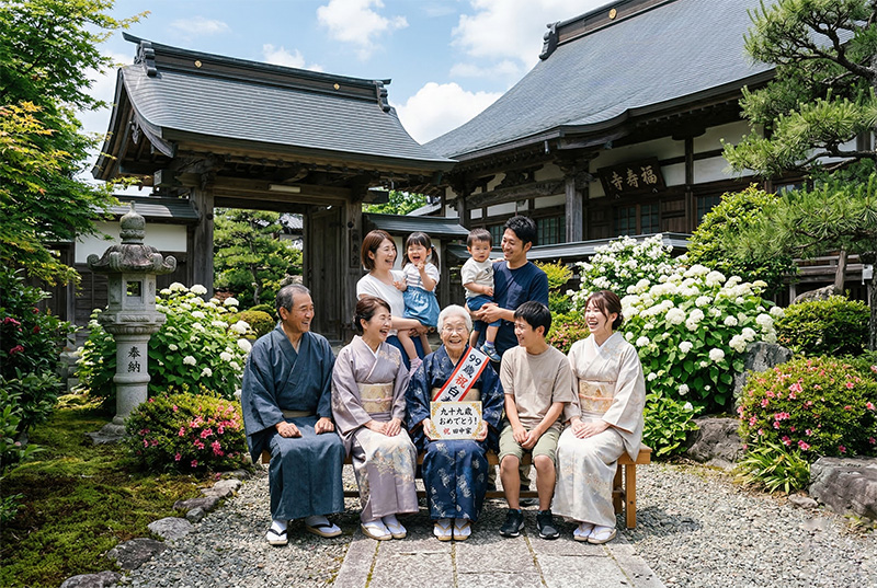 寺院の前で白寿祝いの横断幕を掲げる三世代家族の集合写真