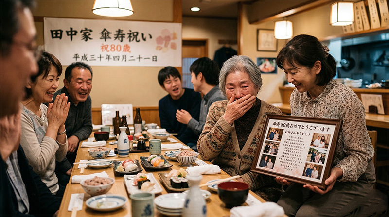 傘寿祝いの食事会で娘から額入りギフトを贈られ感動する80歳の母