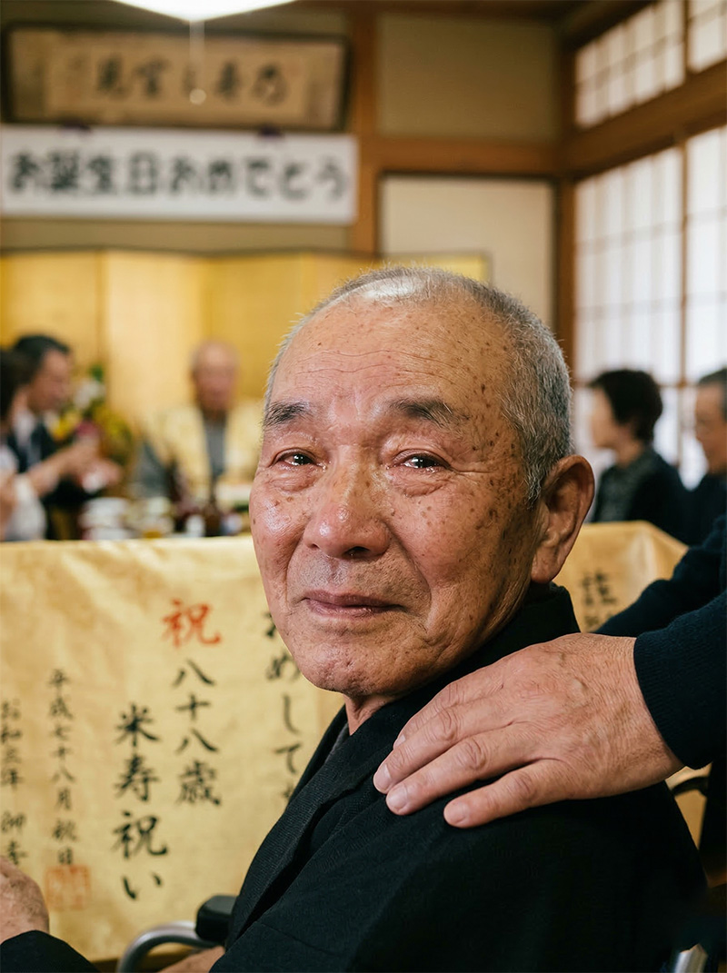 米寿祝いの席で感動の涙を浮かべる88歳男性のポートレート