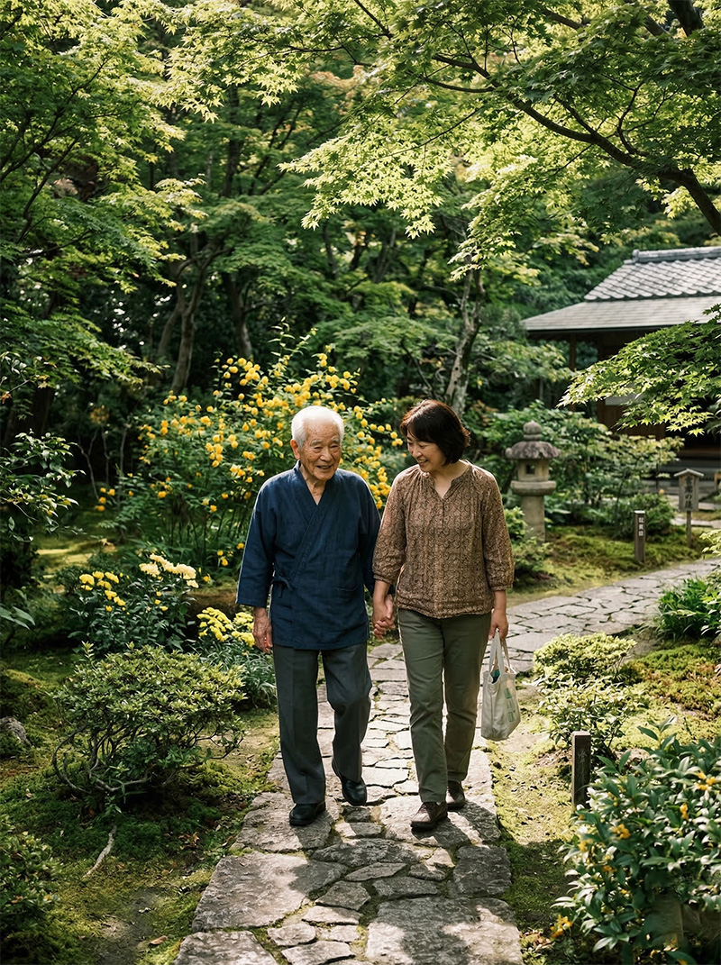 日本庭園の石畳を散歩する88歳男性と付き添う家族