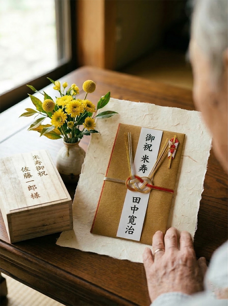 米寿祝いの金茶色の祝儀袋と黄色い花とギフトボックス