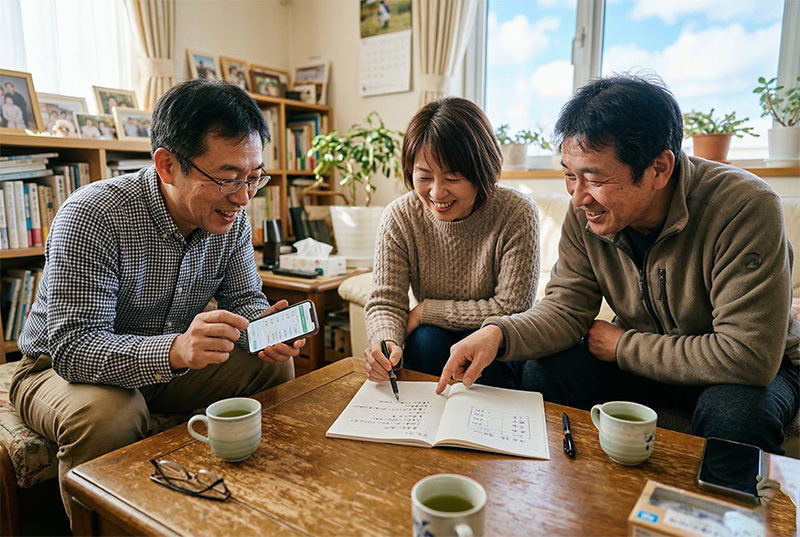 スマートフォンを見ながら米寿祝いの費用分担を相談する三きょうだい