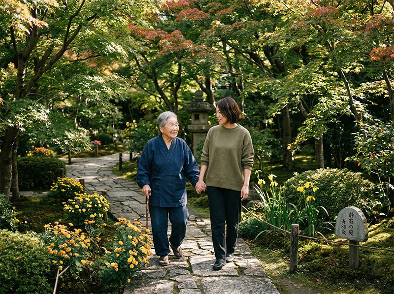 日本庭園の石畳を散歩する88歳の高齢女性と付き添う家族