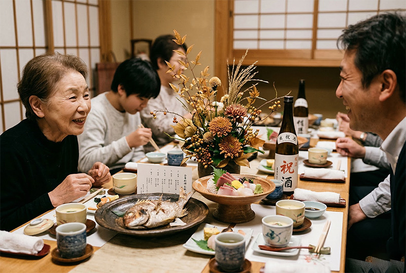 傘寿祝いの会食で家族と懐石料理を楽しむ80歳女性