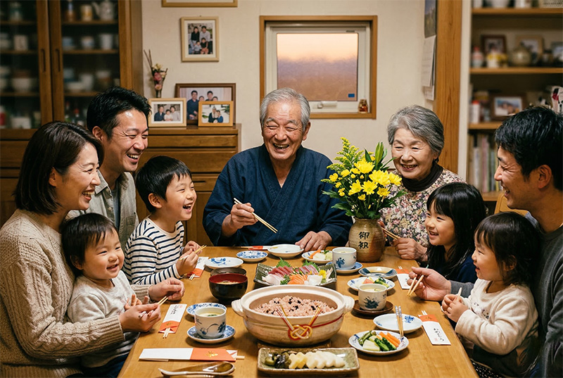 米寿祝いのディナーで黄色い花を囲む三世代家族