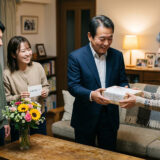 自宅リビングで家族からギフトを受け取る60代男性