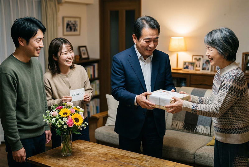 自宅リビングで家族からギフトを受け取る60代男性