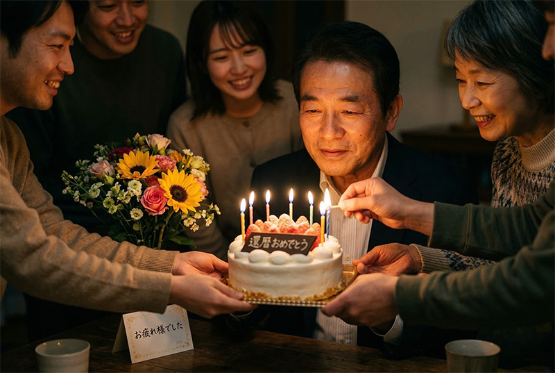 キャンドルの灯るケーキを囲む家族と感動する60代男性