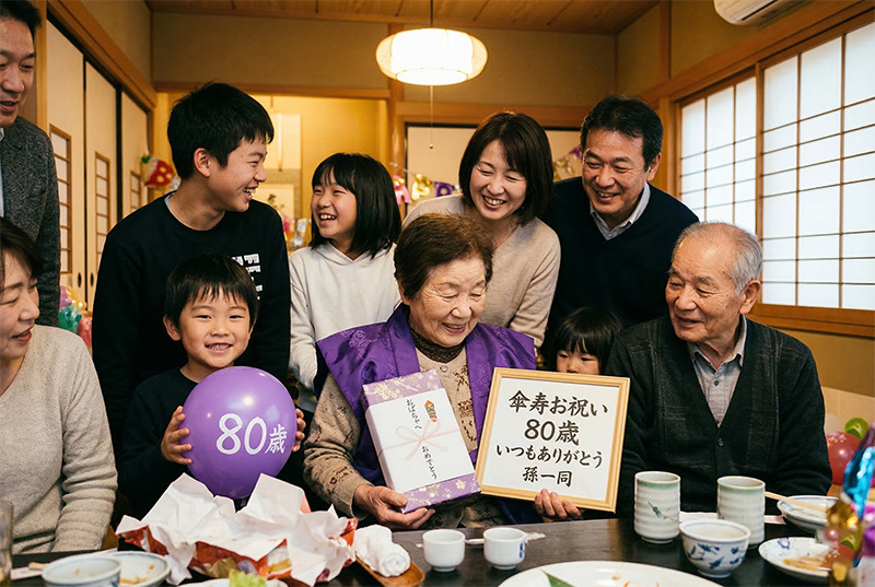 傘寿祝いの記念撮影で家族に囲まれた80歳女性