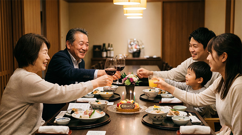 個室レストランで退職祝いの乾杯をする家族