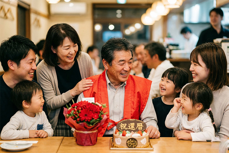 赤いちゃんちゃんこを着た60歳男性と家族に囲まれた還暦祝い