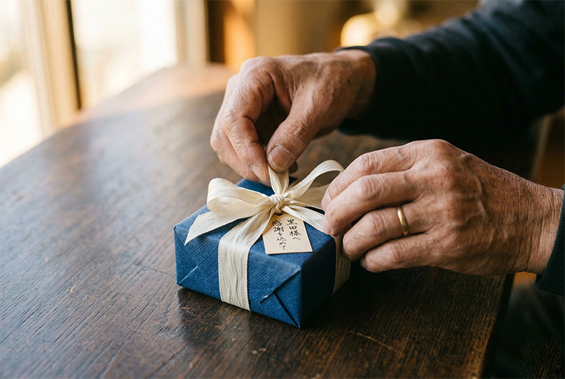 退職祝いのギフトボックスのリボンを解く60代男性の手元クローズアップ