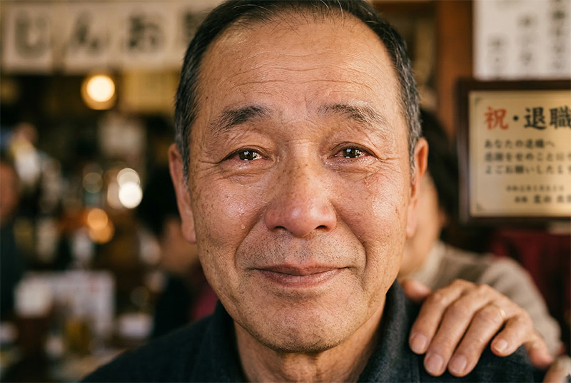 退職祝いの席で感動の涙を浮かべる60代男性のポートレート