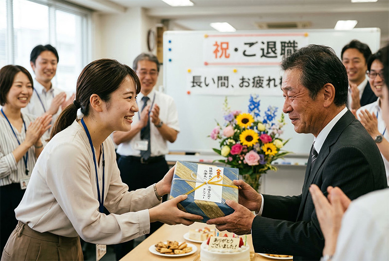 オフィスの送別会で若い女性社員が退職者にプレゼントを手渡す場面