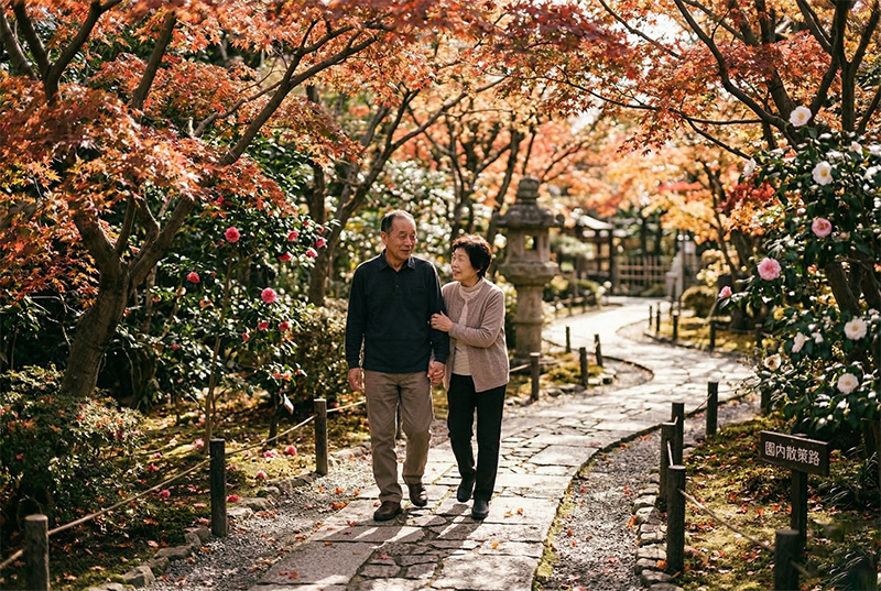 日本庭園の石畳を散歩する退職後の60代夫婦