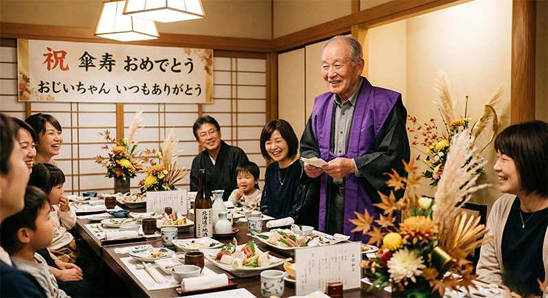 傘寿祝いの食事会で立ち上がってスピーチする80歳男性