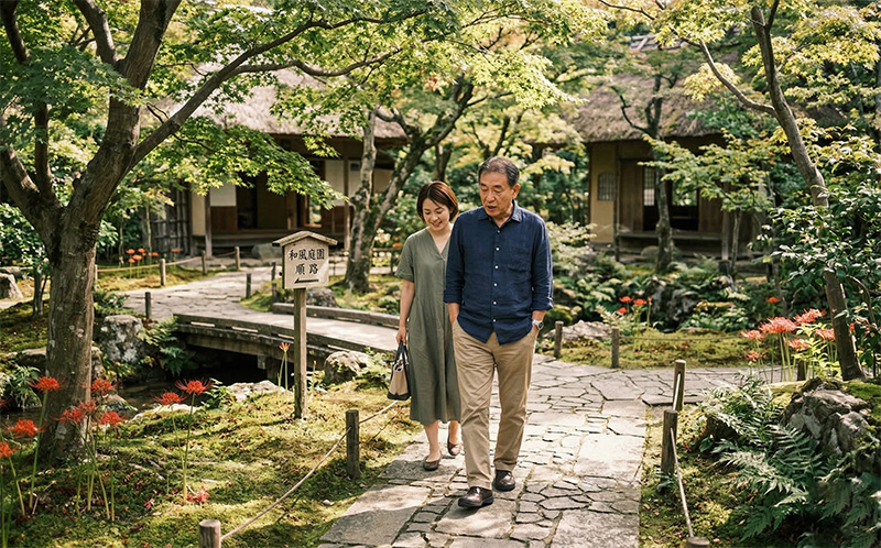 日本庭園の石畳を散歩する還暦を迎えた60代夫婦