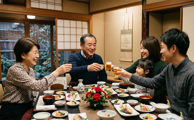 個室の和食レストランで還暦祝いの乾杯をする家族
