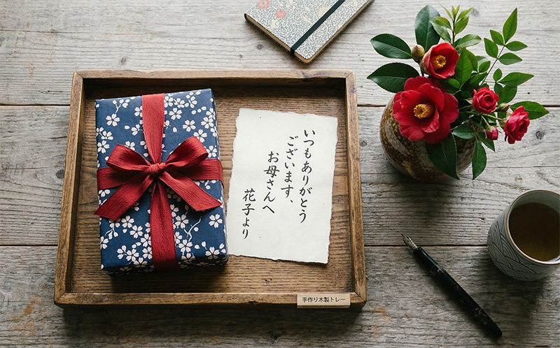 木製トレイに並ぶ赤いリボンのギフトと手書きメッセージカードと赤い花