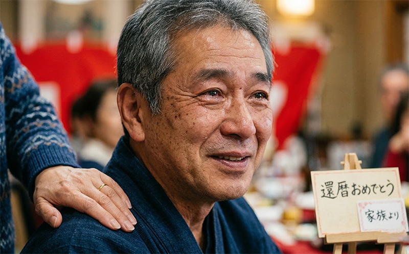 還暦祝いの席で感動の涙を浮かべる60歳男性のポートレート