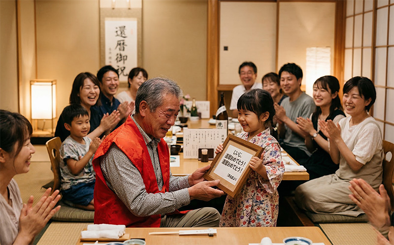 赤いちゃんちゃんこの祖父に孫が額縁ギフトを手渡す感動の場面
