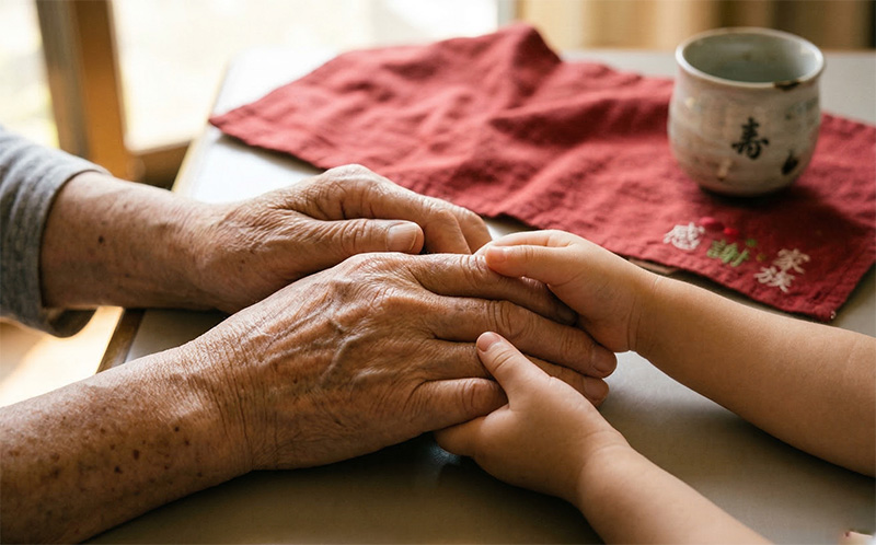 祖父と孫の手を優しく握り合うクローズアップ