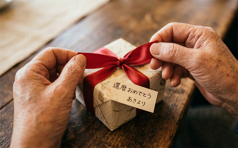 還暦祝いの赤いリボンのギフトを丁寧に開ける手元クローズアップ