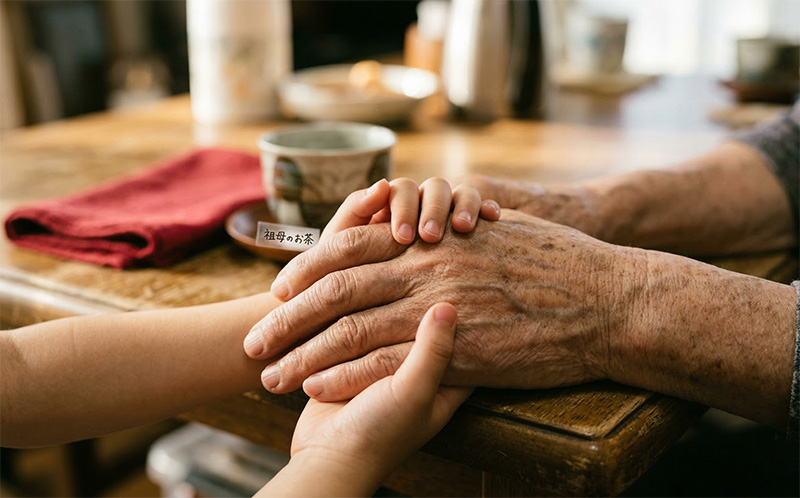 祖父と孫の手を優しく握り合うクローズアップ