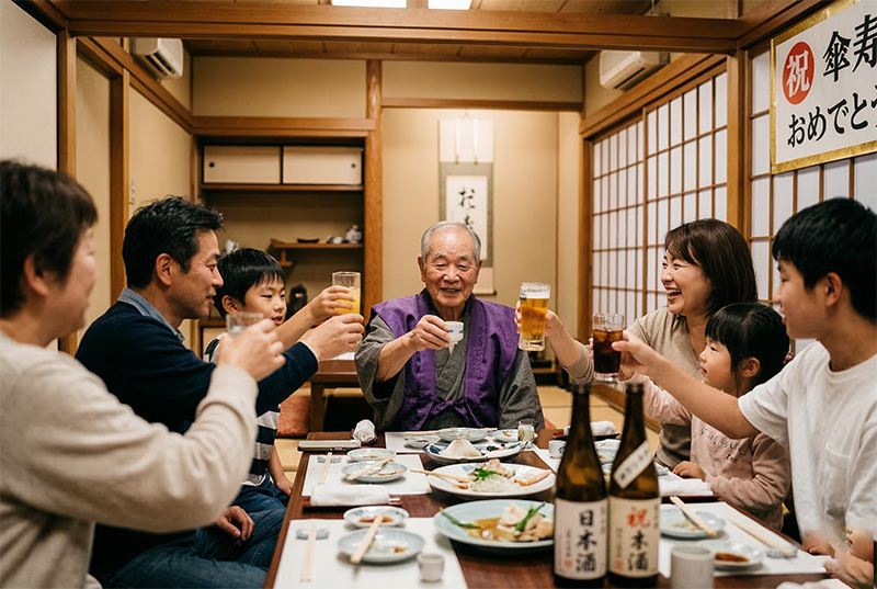 傘寿祝いの食事会で三世代の家族が乾杯する様子