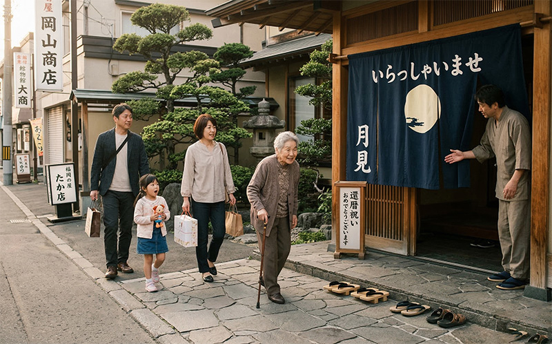 旅館の暖簾の前に到着する長寿祝いの家族