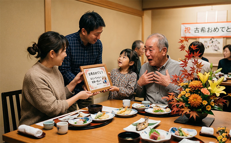 古希祝いの額縁ギフトを祖父に手渡す娘と孫