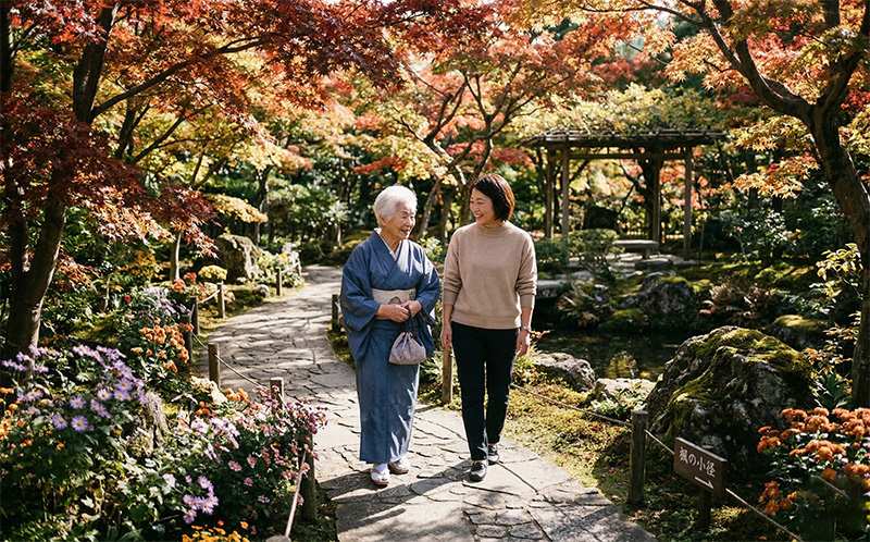 紅葉の日本庭園を散歩する着物の高齢女性と娘