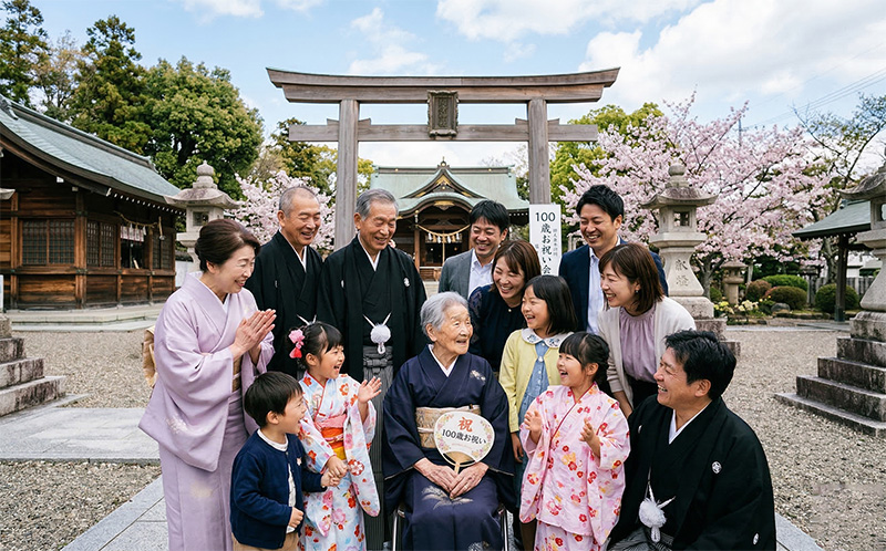神社の前で車椅子の100歳を囲む大家族の集合写真