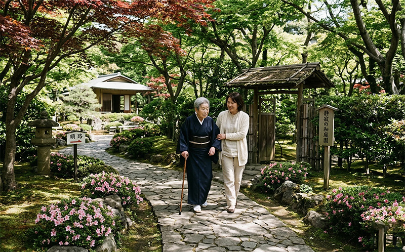 日本庭園の石畳を杖をつきながら散歩する高齢女性と付き添う娘