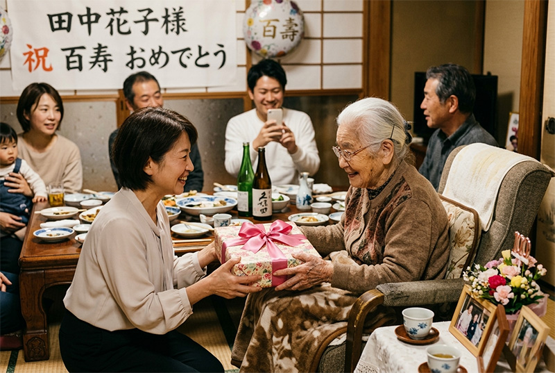 100歳の百寿祝いで家族からプレゼントを受け取る高齢女性