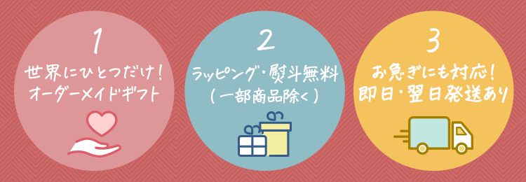 1．世界に一つだけ！オーダーメイドギフト　2．ラッピング・熨斗無料（一部商品除く）　3．お急ぎにも対応！即日・翌日発送あり